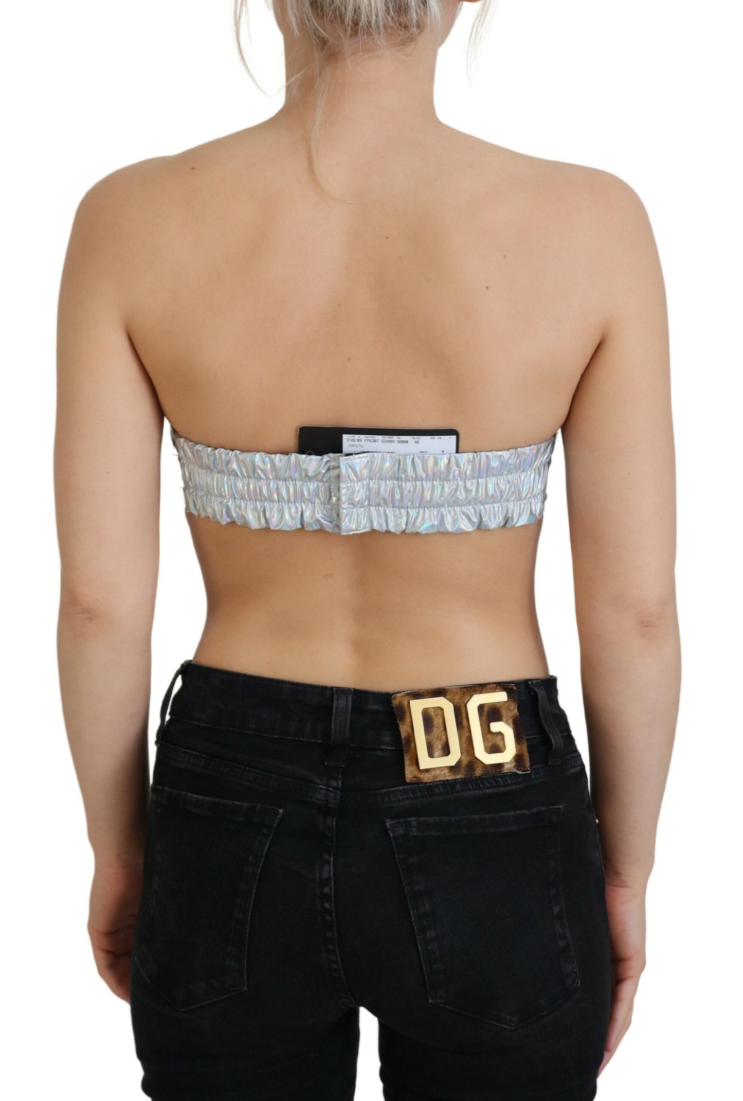 Top bustier effetto olografico argento