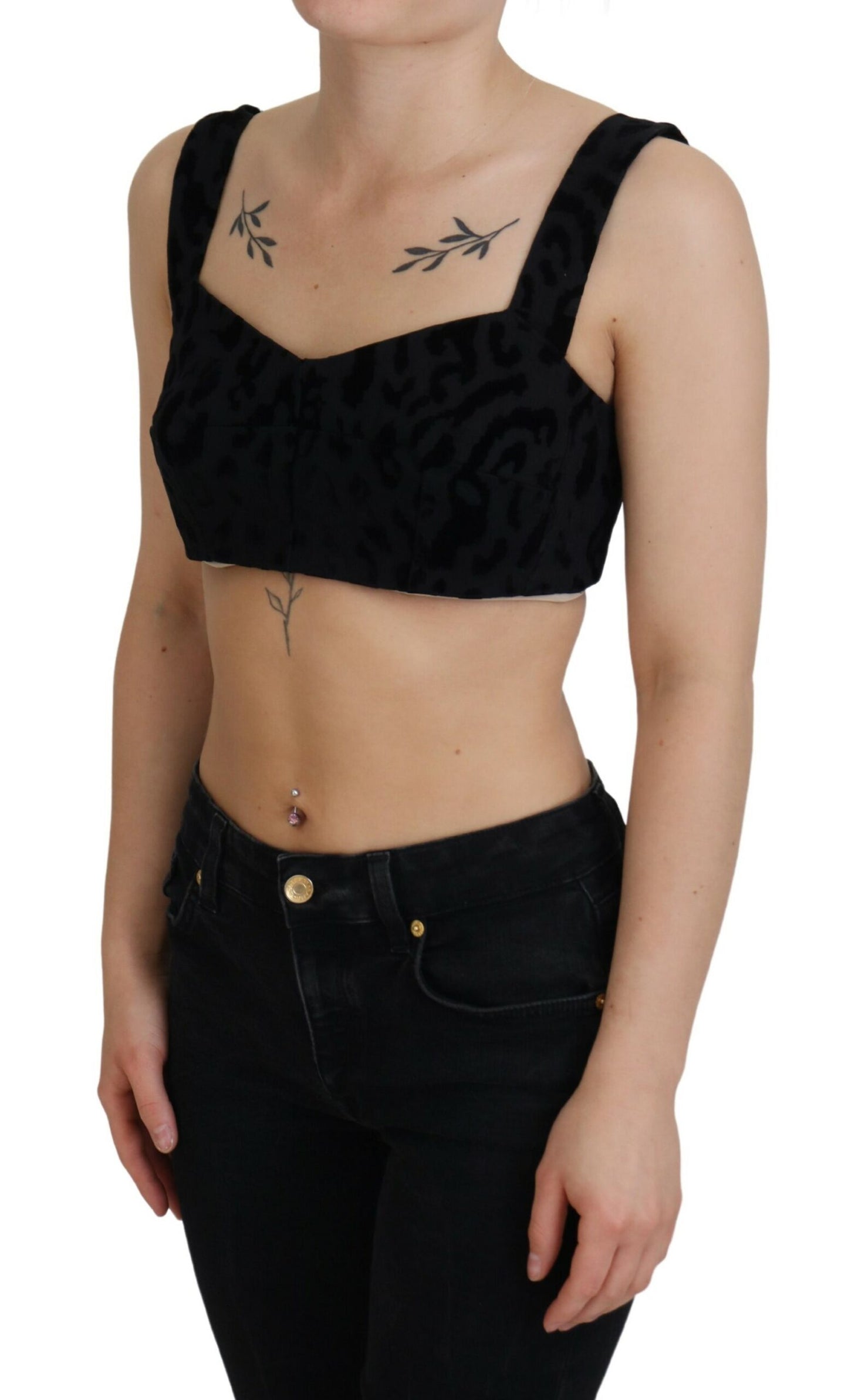 Top con reggiseno a corsetto bustier corto leopardato nero