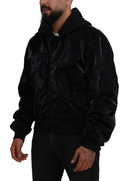 Elegante schwarze Bomberjacke mit Kapuze