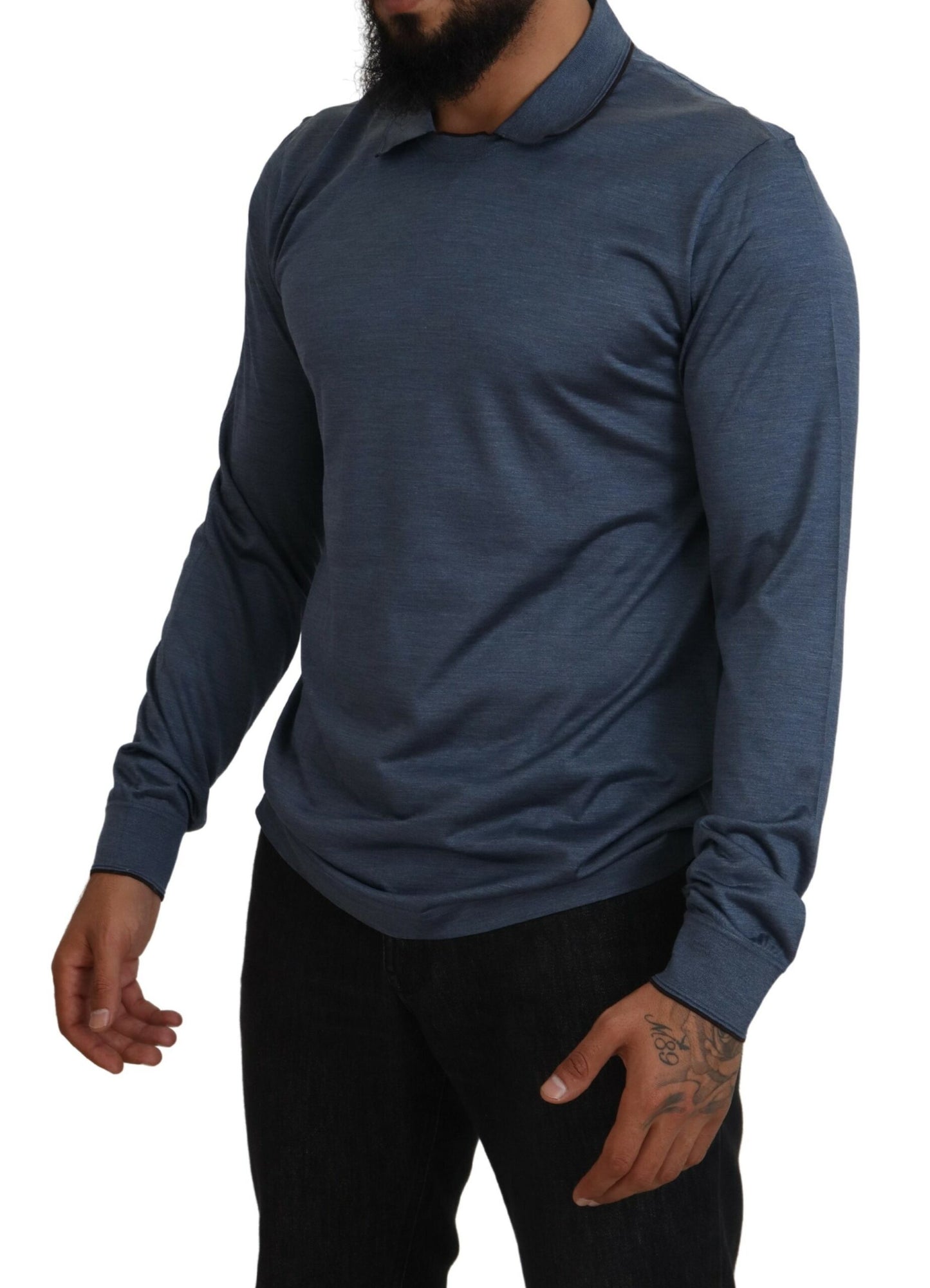 Maglione pullover polo con colletto in seta blu