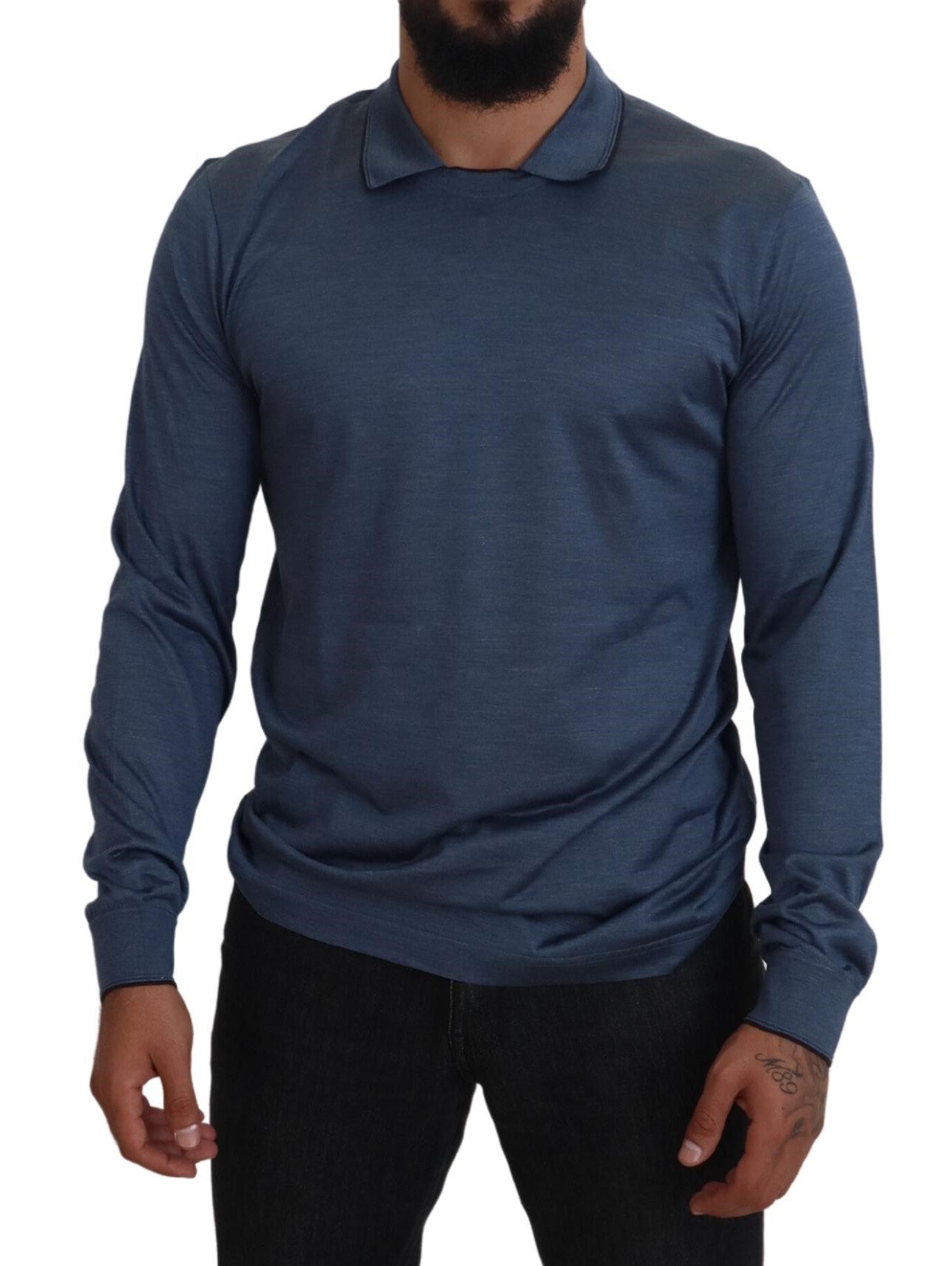 Maglione pullover polo con colletto in seta blu