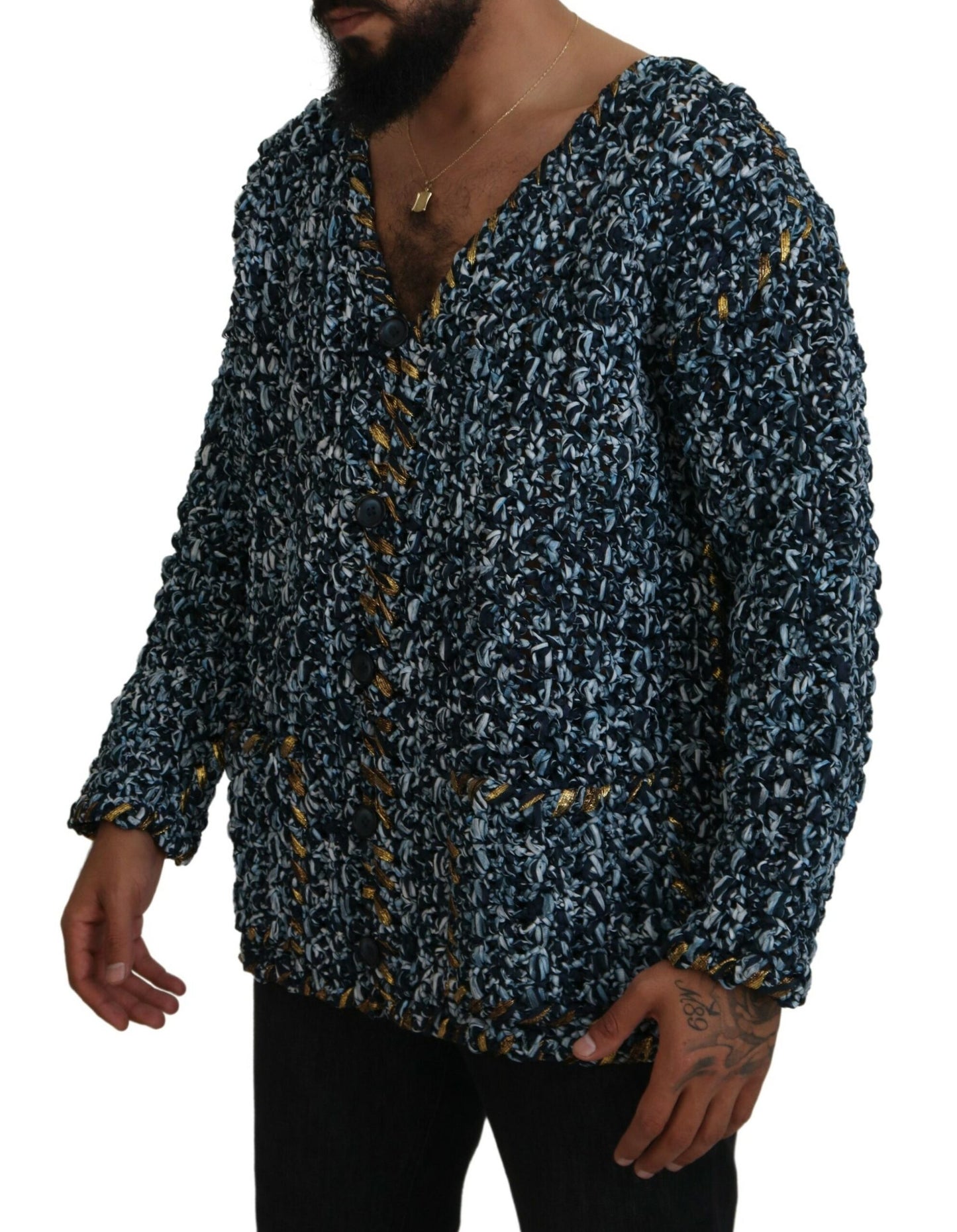 Cardigan Blu Con Bottoni Maglione Fatto A Mano