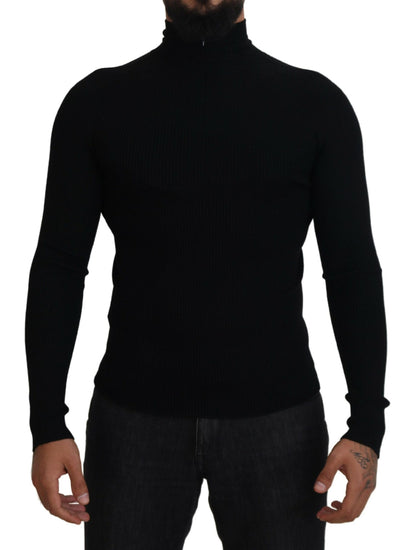 Maglione pullover dolcevita nero con mezza zip