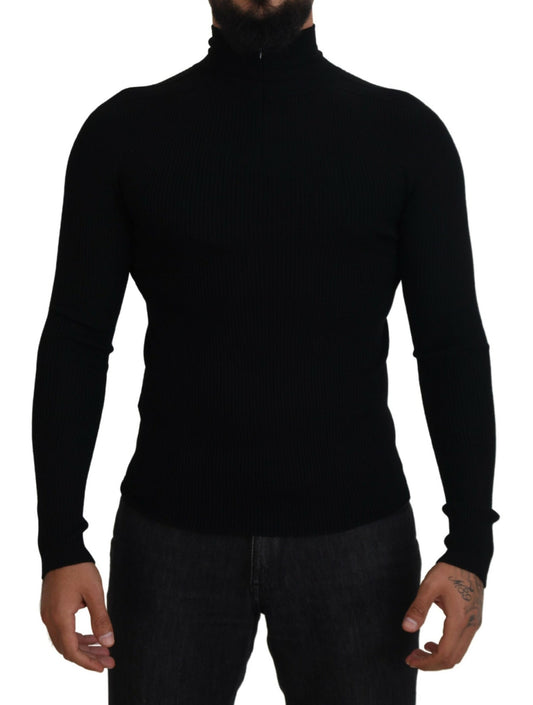 Eleganter schwarzer Rollkragenpullover aus Wolle mit halbem Reißverschluss