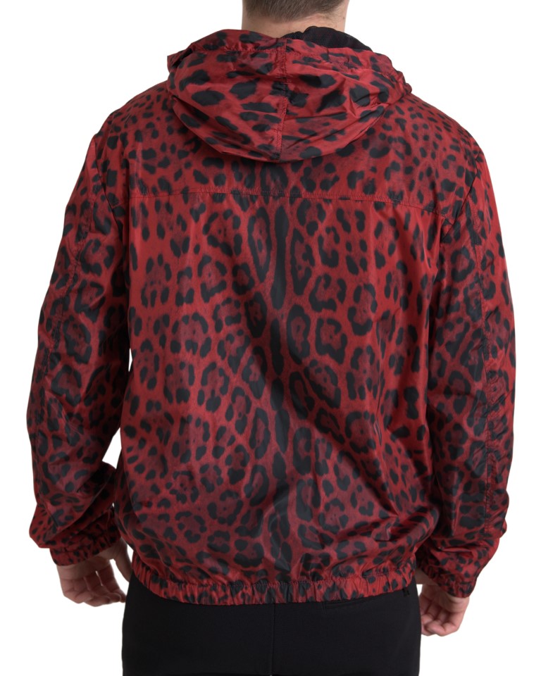 Giubbotto bomber con zip intera con cappuccio leopardato rosso