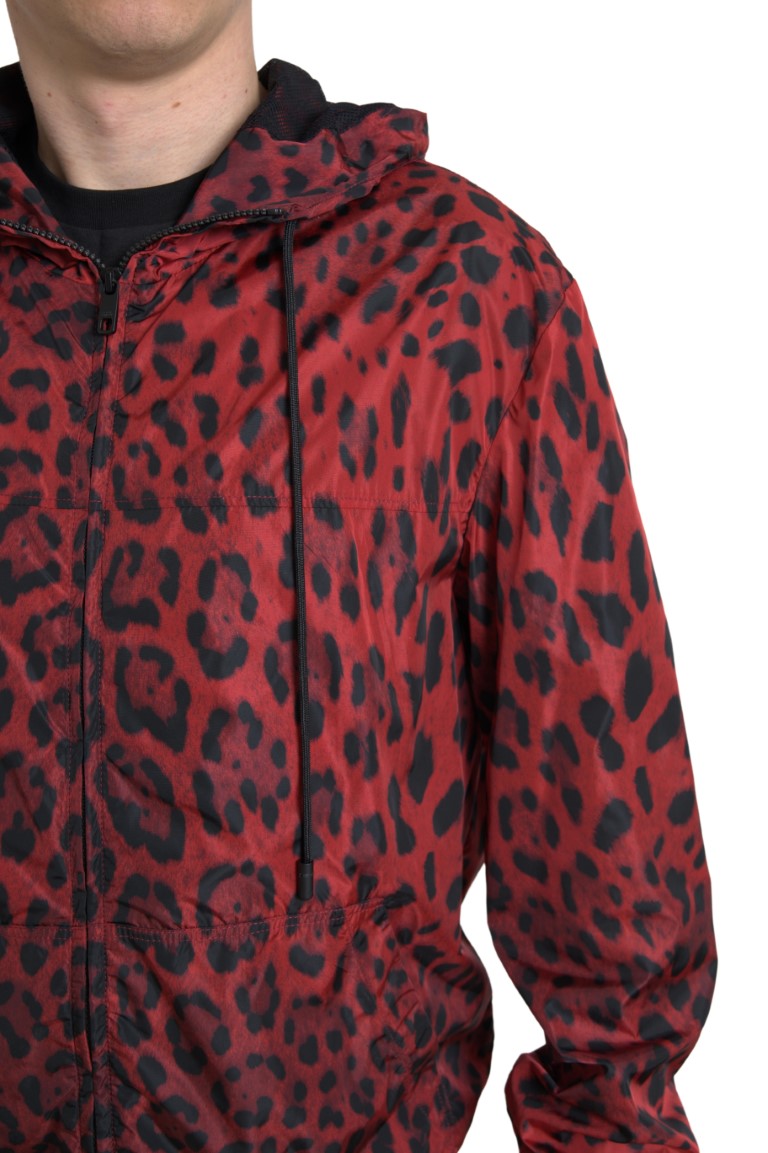 Giubbotto bomber con zip intera con cappuccio leopardato rosso