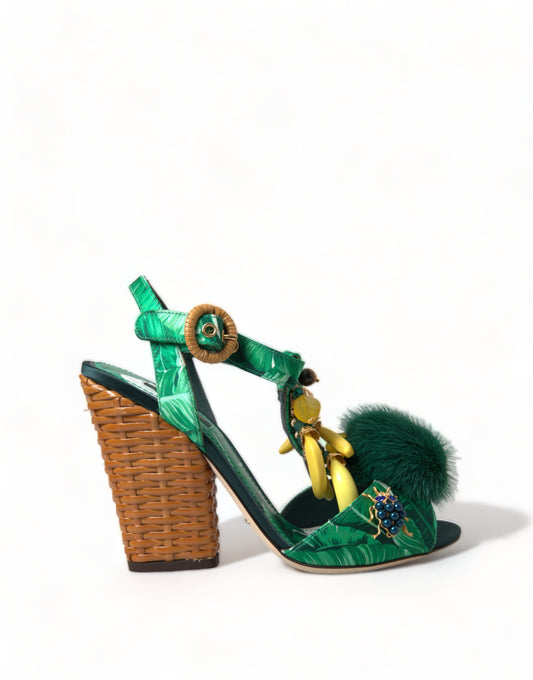 Green Crystal Mink Fur T-Strap Sandals