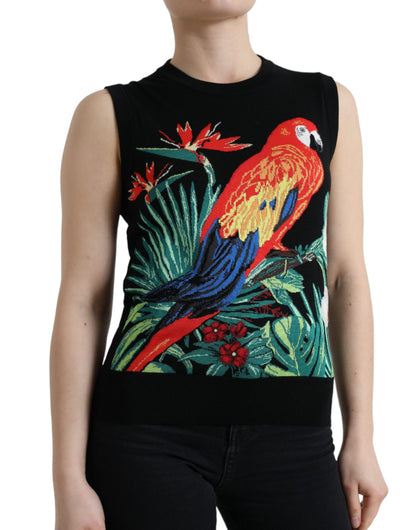 Elegantes Rundhals-Tanktop aus Wolle und Seide mit Vogelstickerei