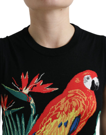 Elegantes Rundhals-Tanktop aus Wolle und Seide mit Vogelstickerei