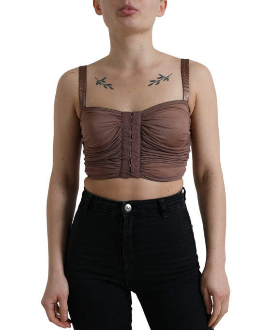 Top corto senza maniche bustier in viscosa marrone