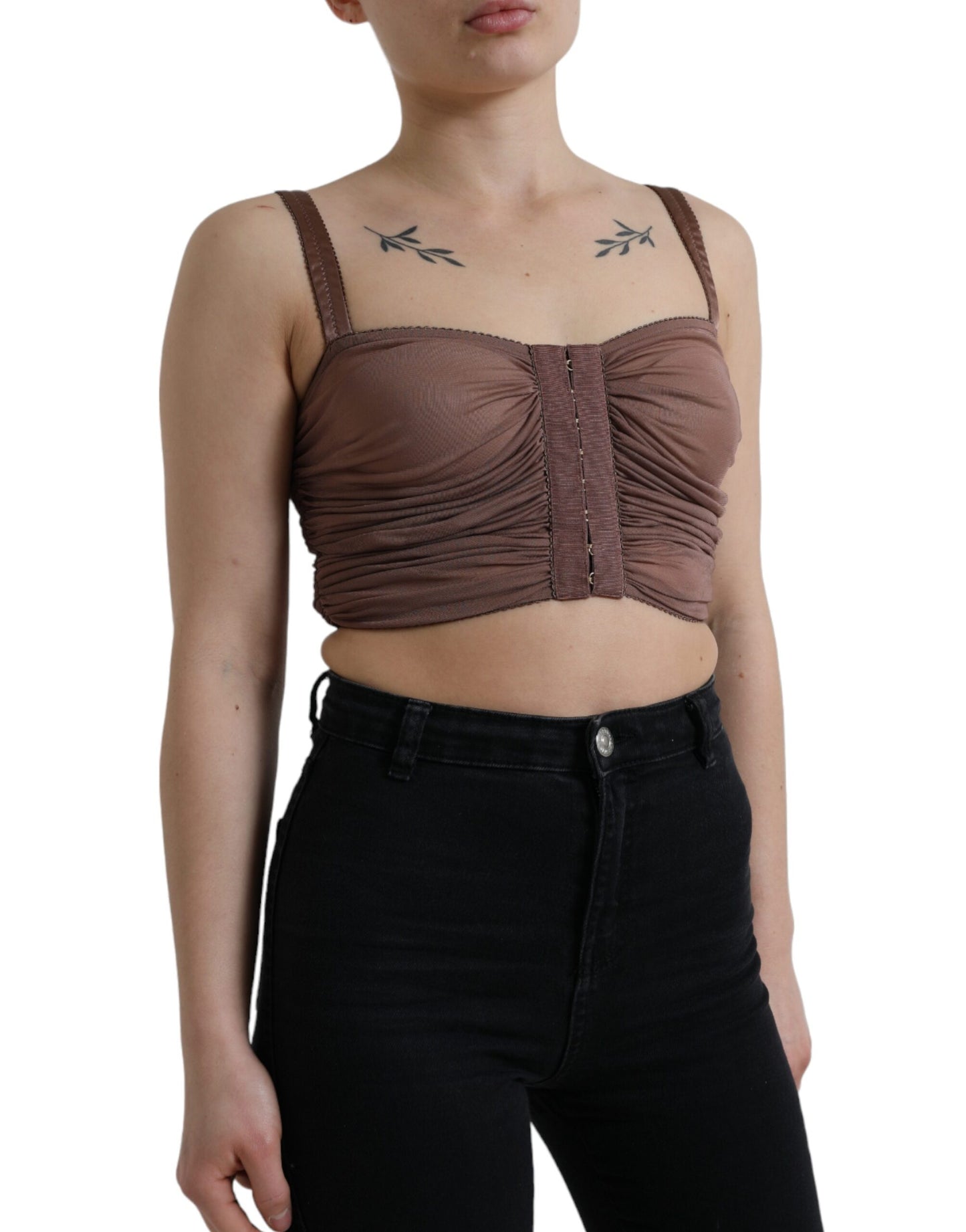 Top corto senza maniche bustier in viscosa marrone