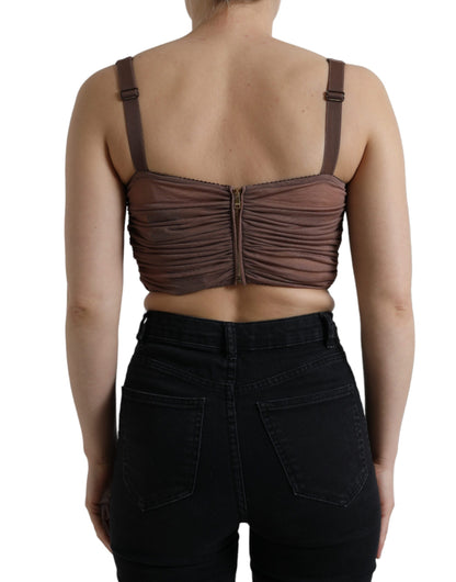 Top corto senza maniche bustier in viscosa marrone