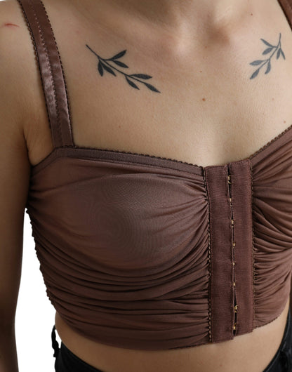 Top corto senza maniche bustier in viscosa marrone