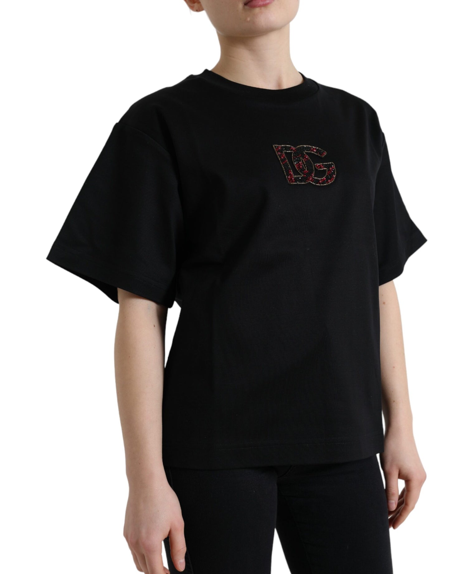 Elegantes schwarzes T-Shirt mit Kristallverzierung