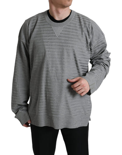 Eleganter grau gestreifter Seidenpullover mit Rundhalsausschnitt