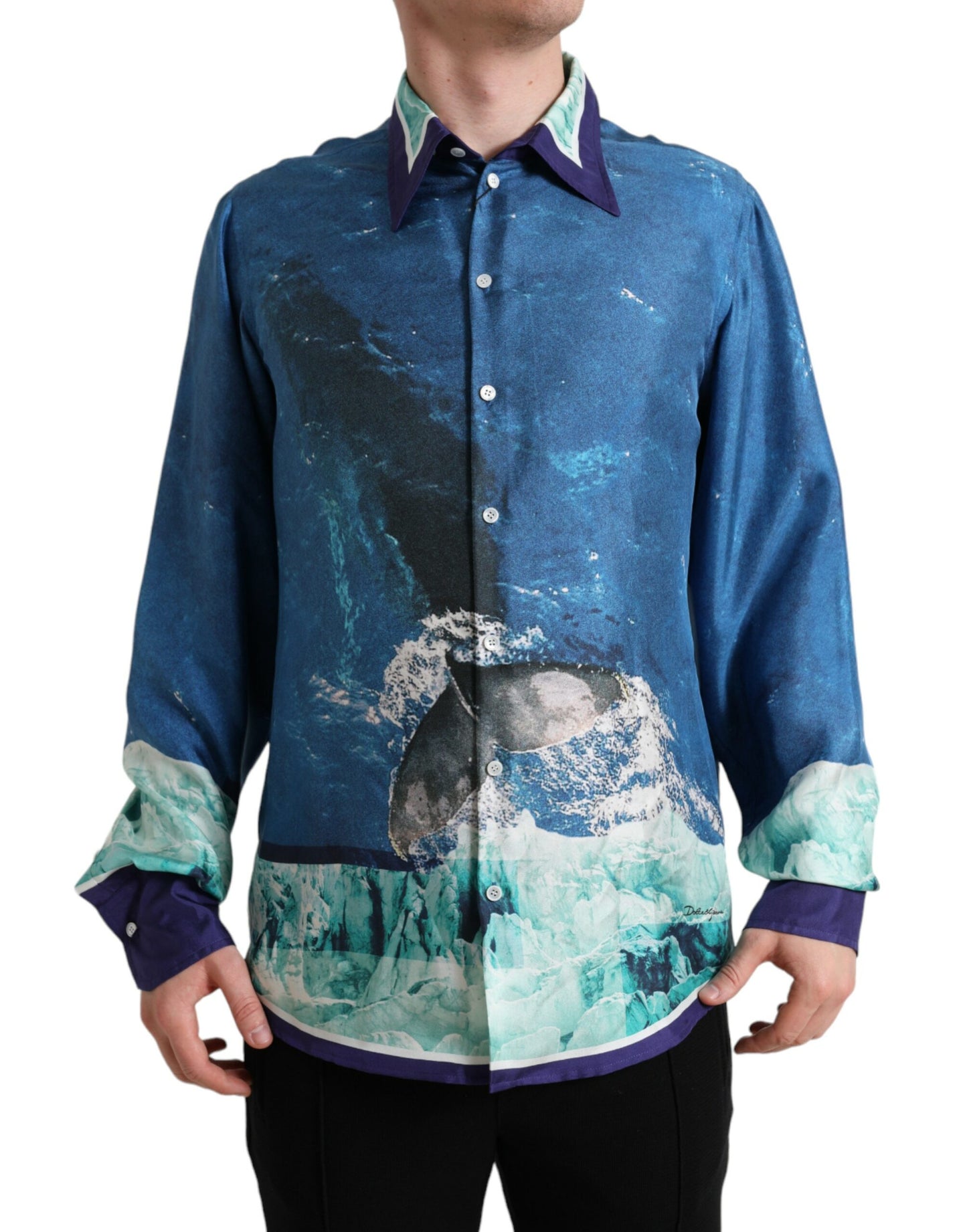 Camicia abbottonata con colletto in seta con stampa oceano blu