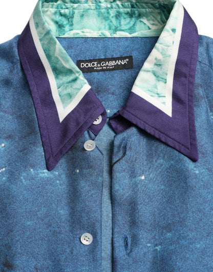 Camicia abbottonata con colletto in seta con stampa oceano blu