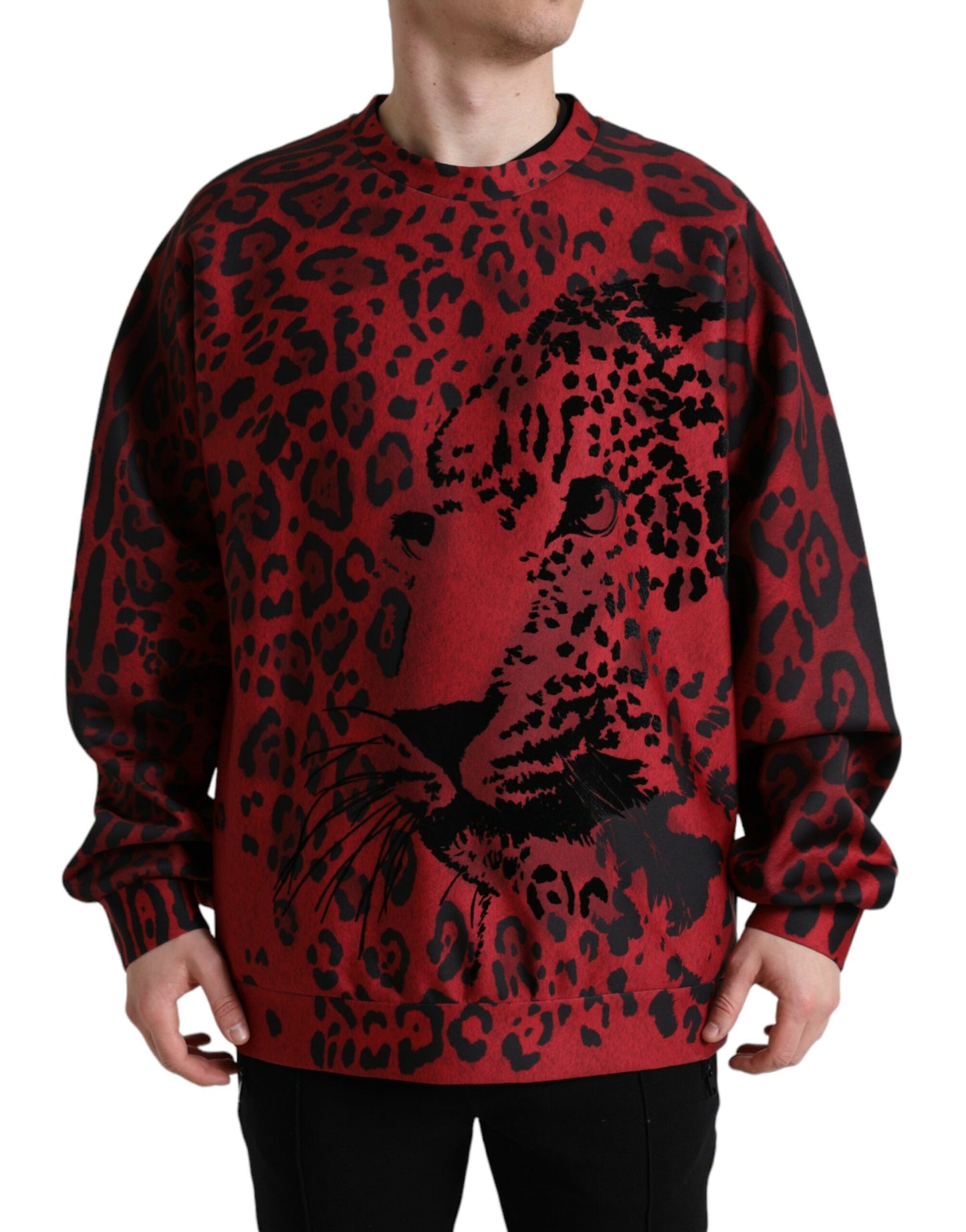 Maglione pullover girocollo con stampa leopardata rossa