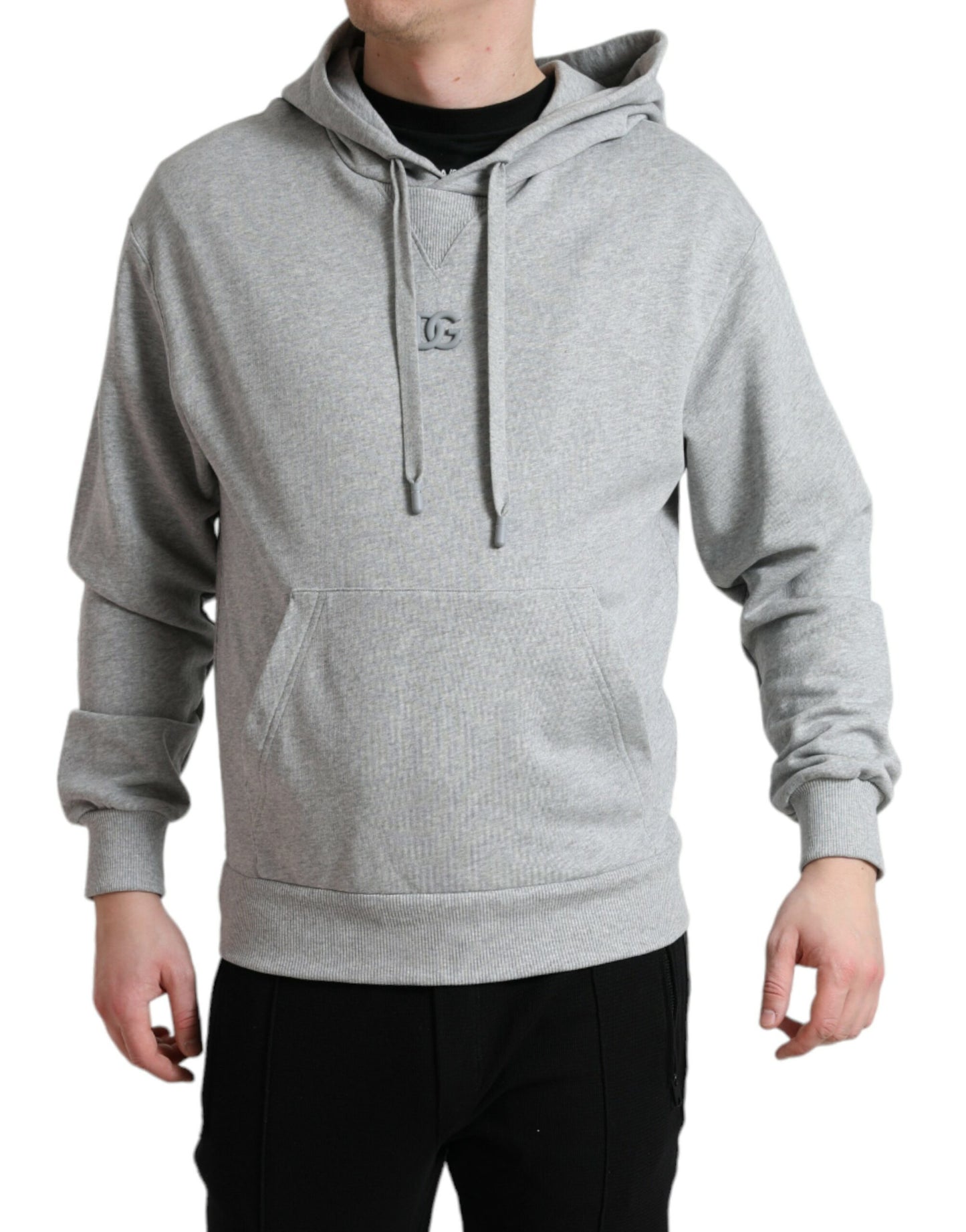 Schicker grauer Baumwollpullover mit Kapuze und Logo