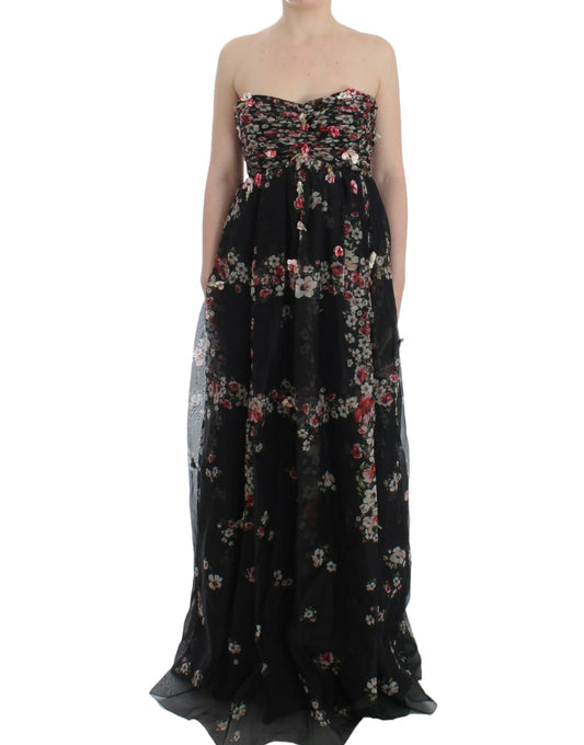 Robe de défilé en soie noire à imprimé floral Masterpiece