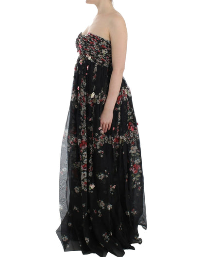 Robe de défilé en soie noire à imprimé floral Masterpiece