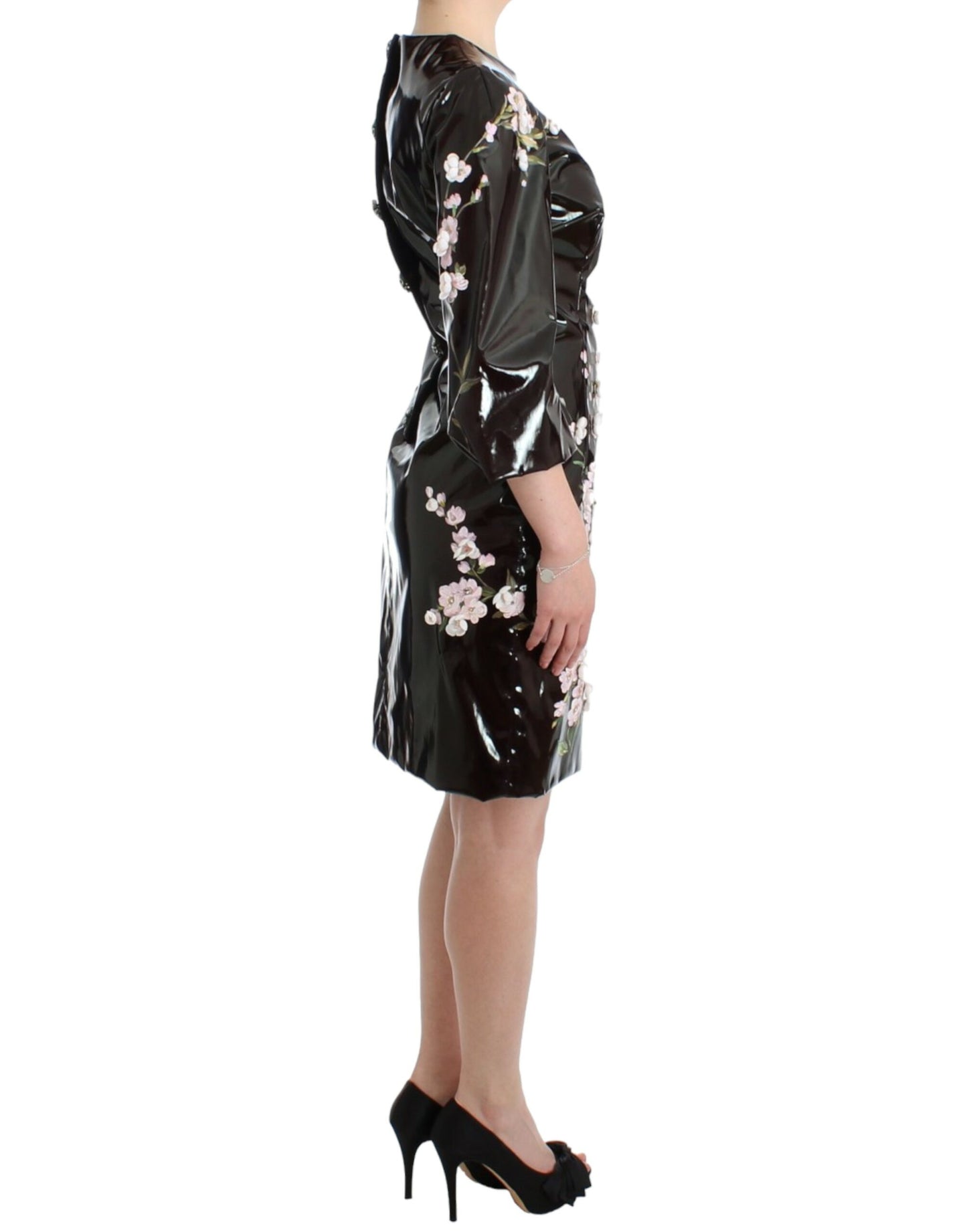 Robe noire vernie florale HANDPAINTED