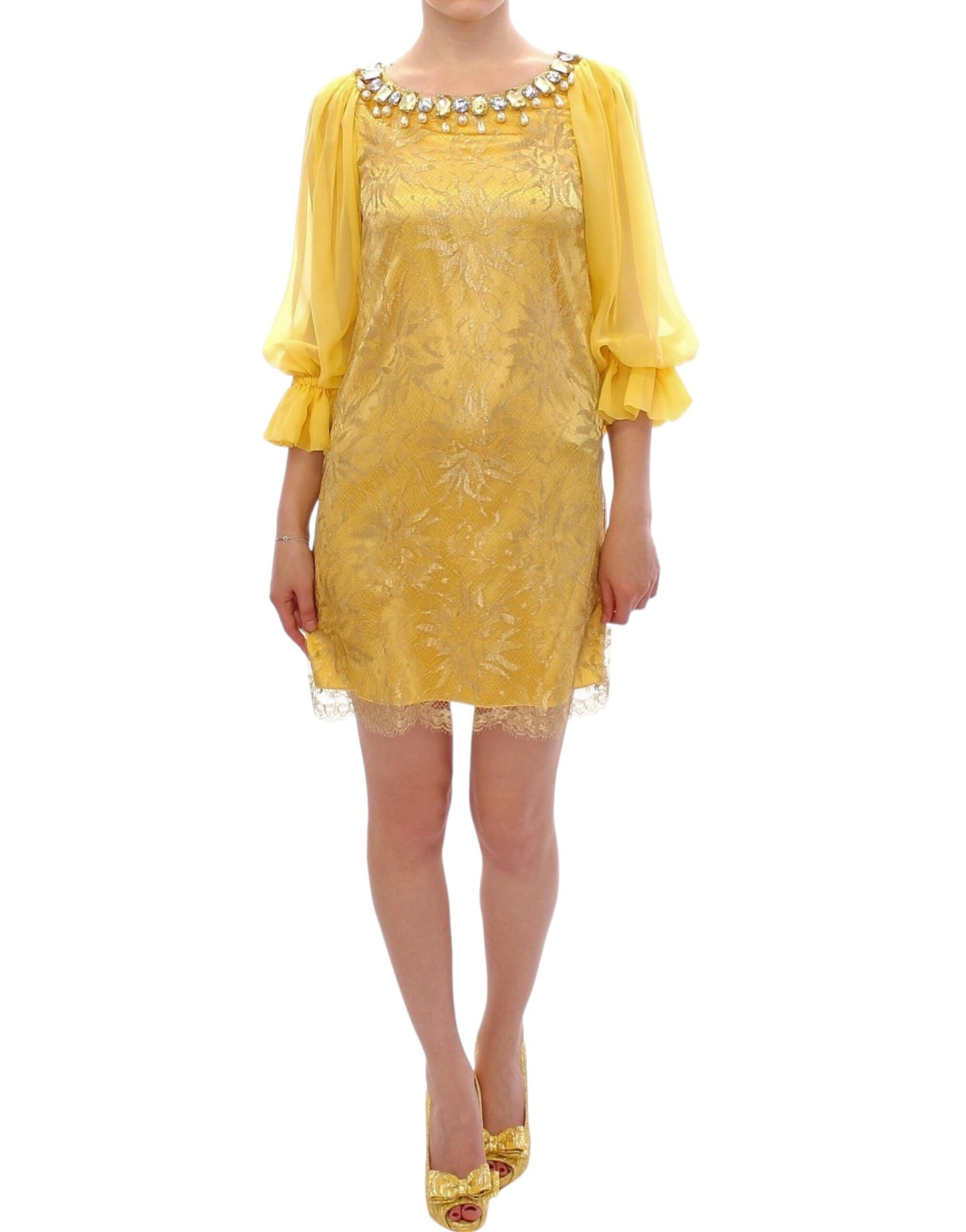 Mini-robe en dentelle jaune avec cristaux