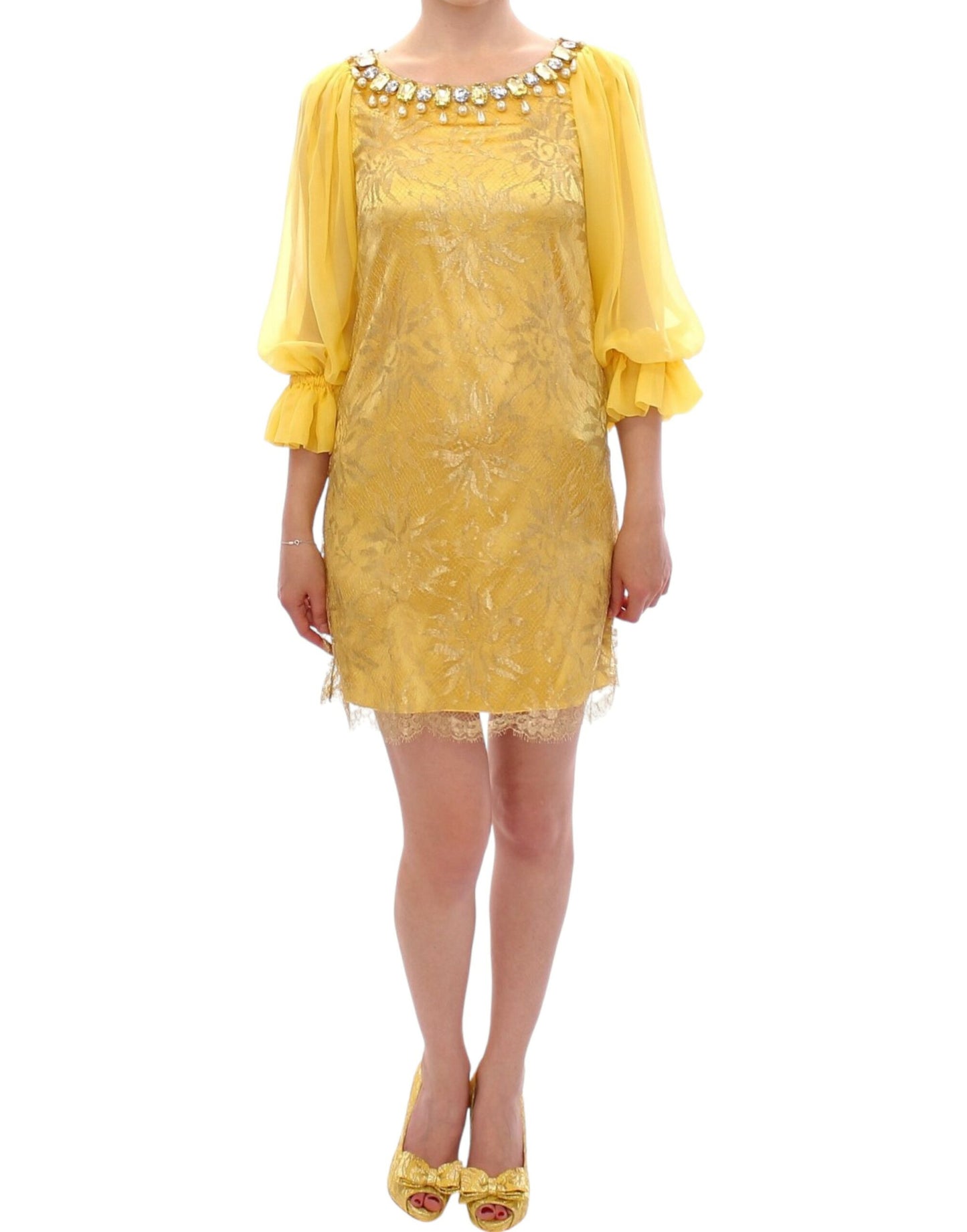 Mini-robe en dentelle jaune avec cristaux