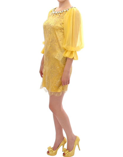 Mini-robe en dentelle jaune avec cristaux