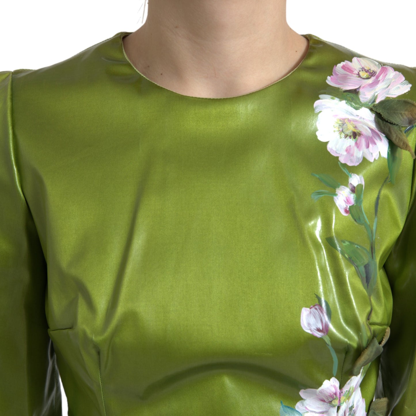 Grünes, mit Blumen verziertes Etui-Midikleid