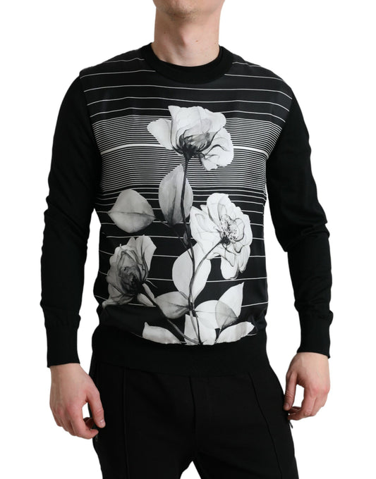 Maglione pullover in lana e seta con stampa floreale nera