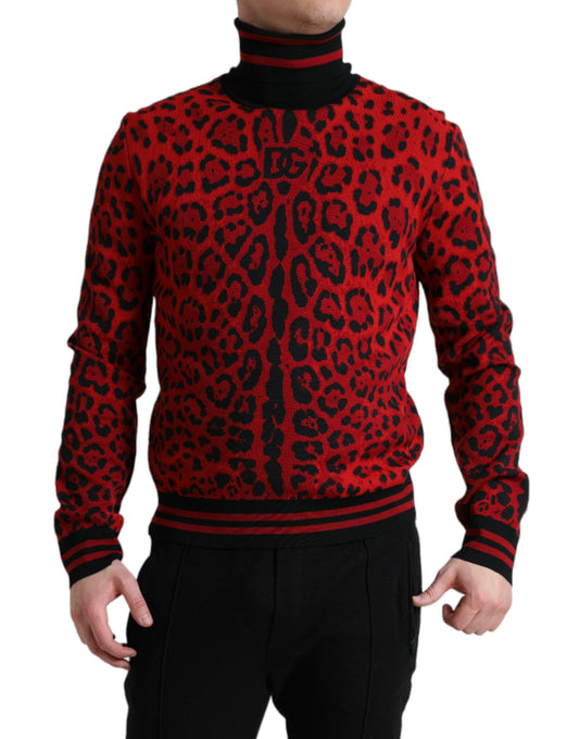 Maglione pullover dolcevita con stampa leopardata rossa