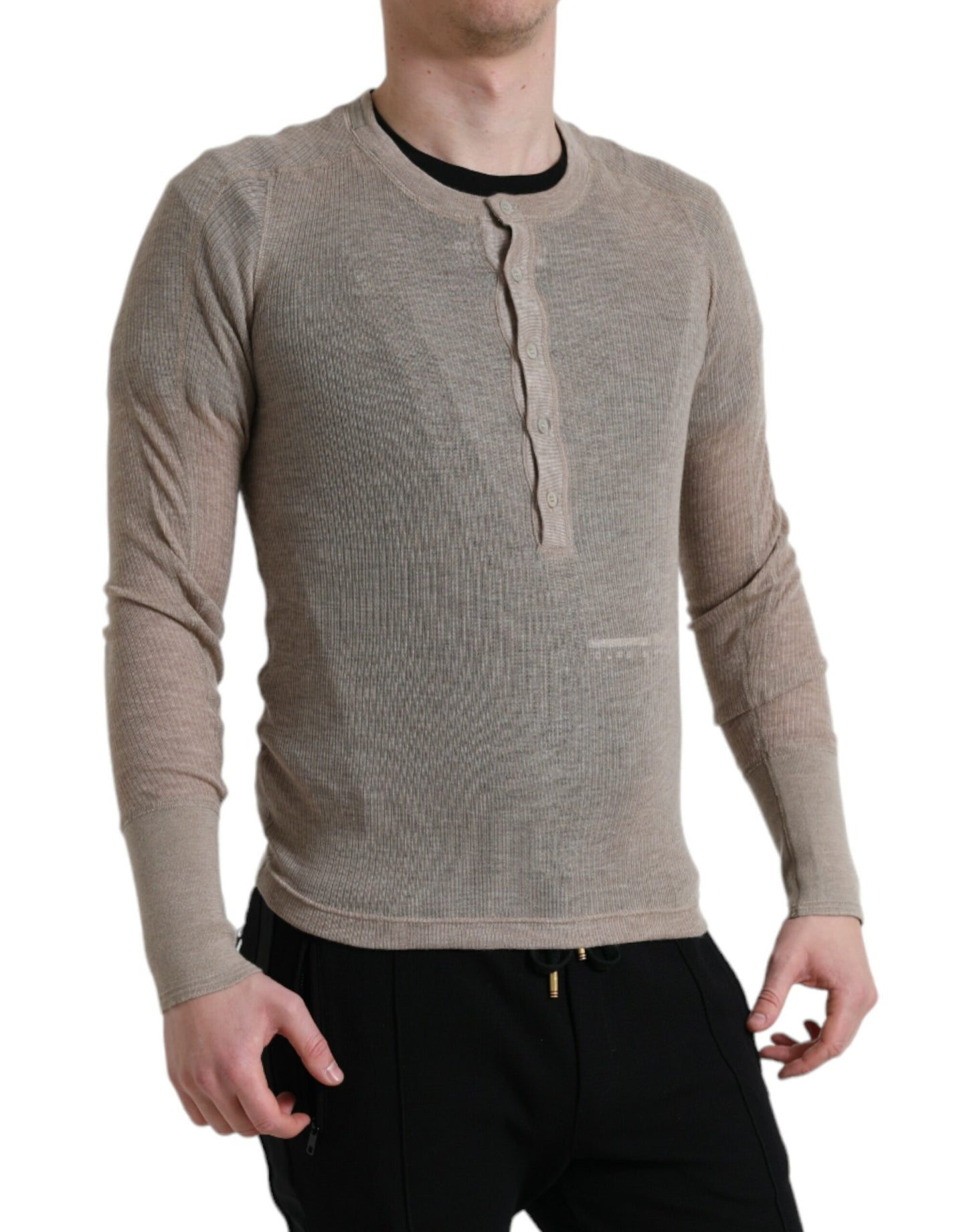 Eleganter beiger Henley-Kaschmirpullover