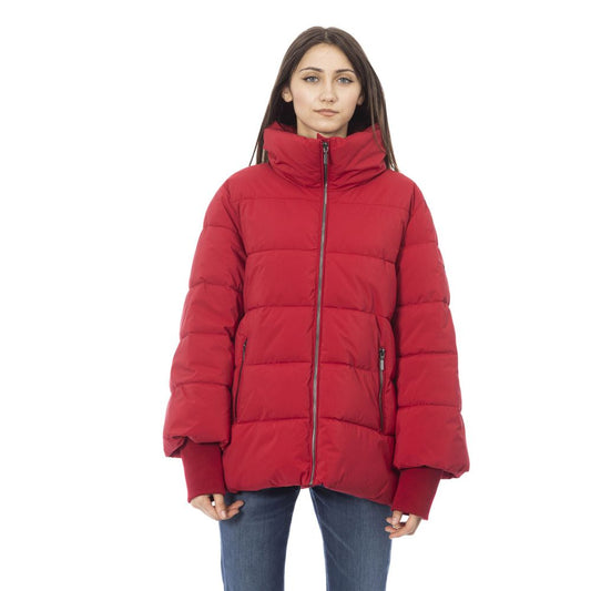 Elegante rote kurze Daunenjacke mit Kapuze