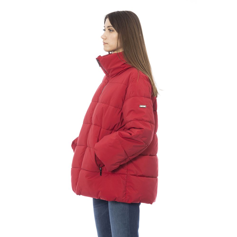 Elegante rote kurze Daunenjacke mit Kapuze