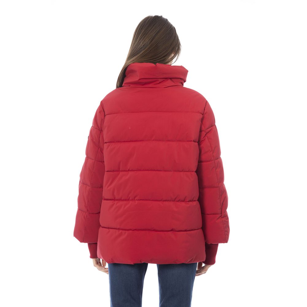 Elegante rote kurze Daunenjacke mit Kapuze