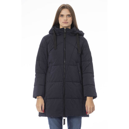 Schicke blaue lange Daunenjacke