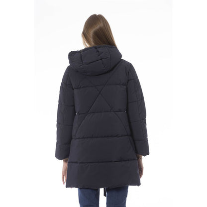 Schicke blaue lange Daunenjacke