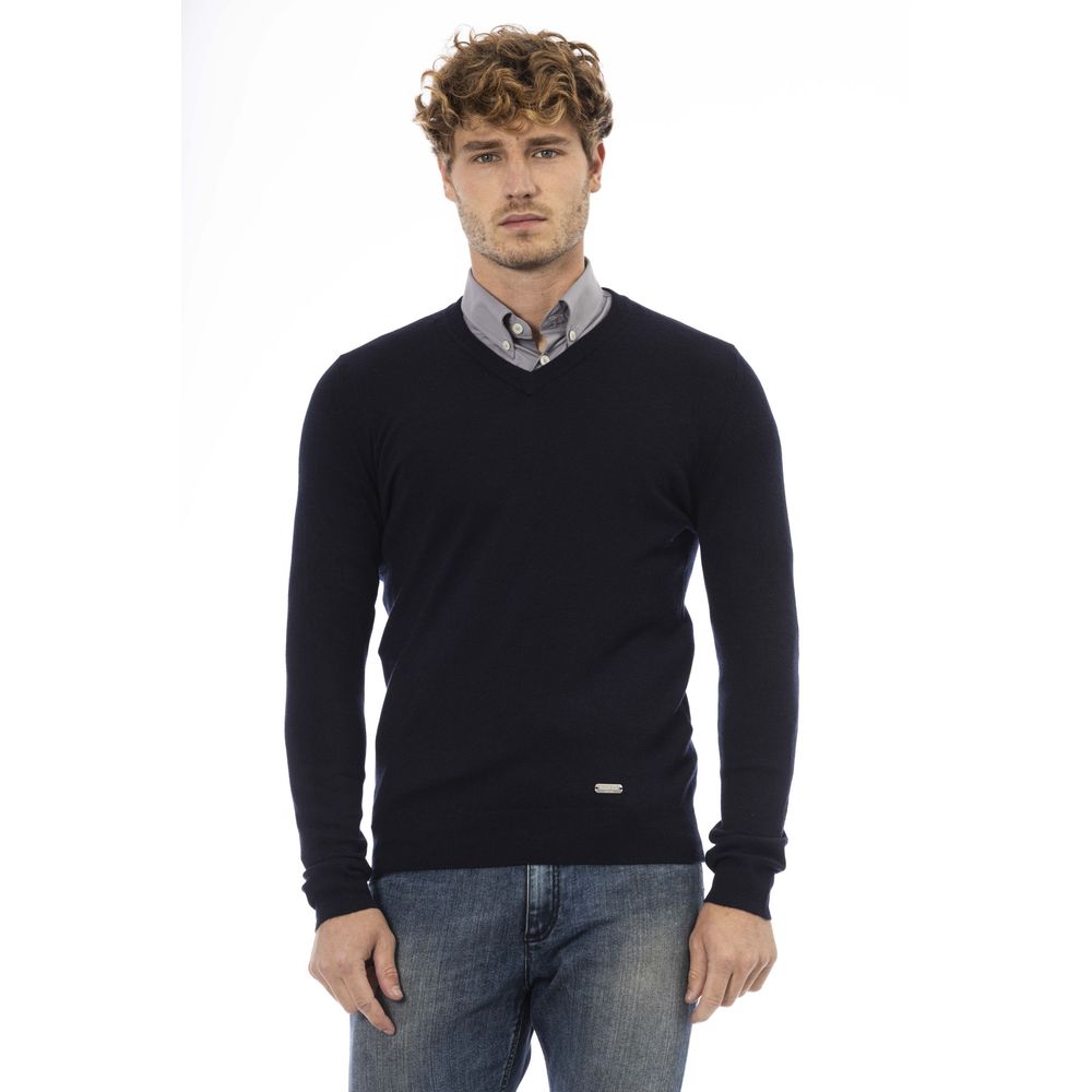 Eleganter blauer Pullover aus Wollmischung mit V-Ausschnitt