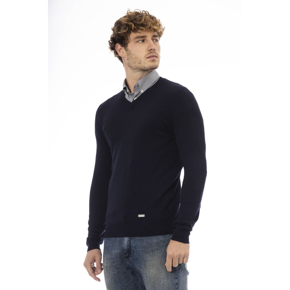 Eleganter blauer Pullover aus Wollmischung mit V-Ausschnitt