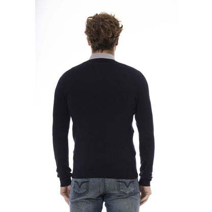 Eleganter blauer Pullover aus Wollmischung mit V-Ausschnitt