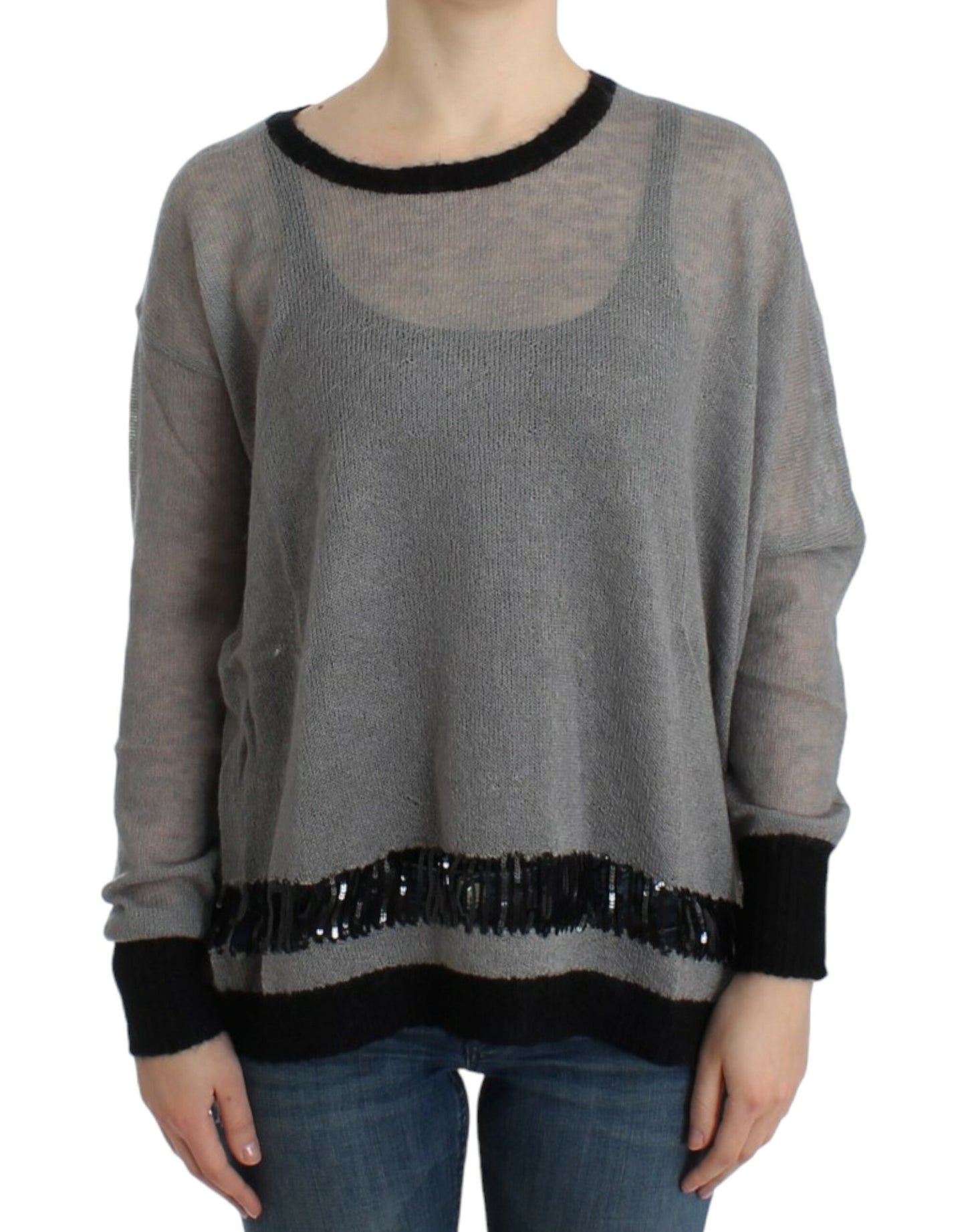 Grauer, verzierter asymmetrischer Pullover