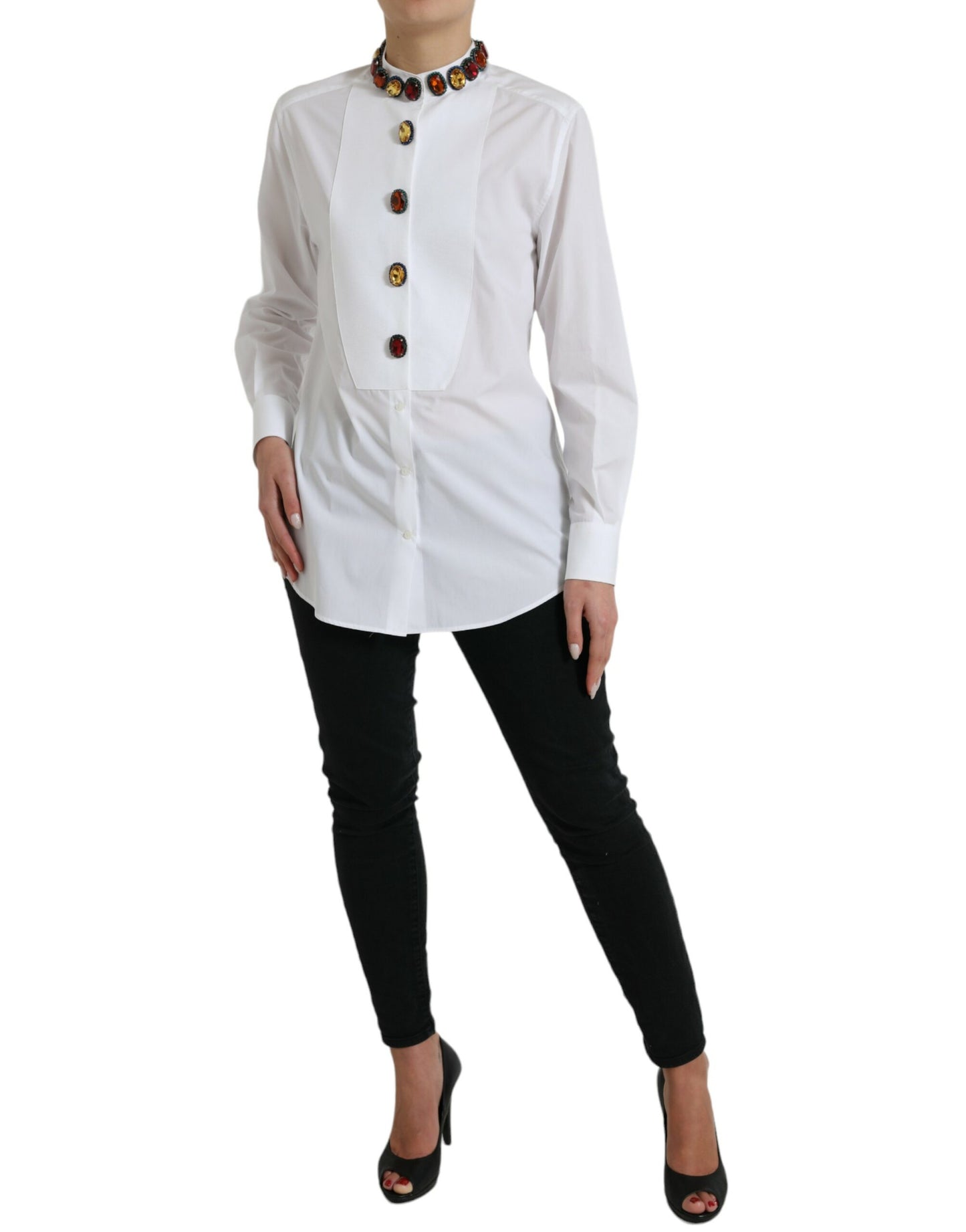 Top camicia impreziosito da cristalli in cotone bianco