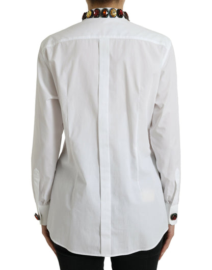 Top camicia impreziosito da cristalli in cotone bianco