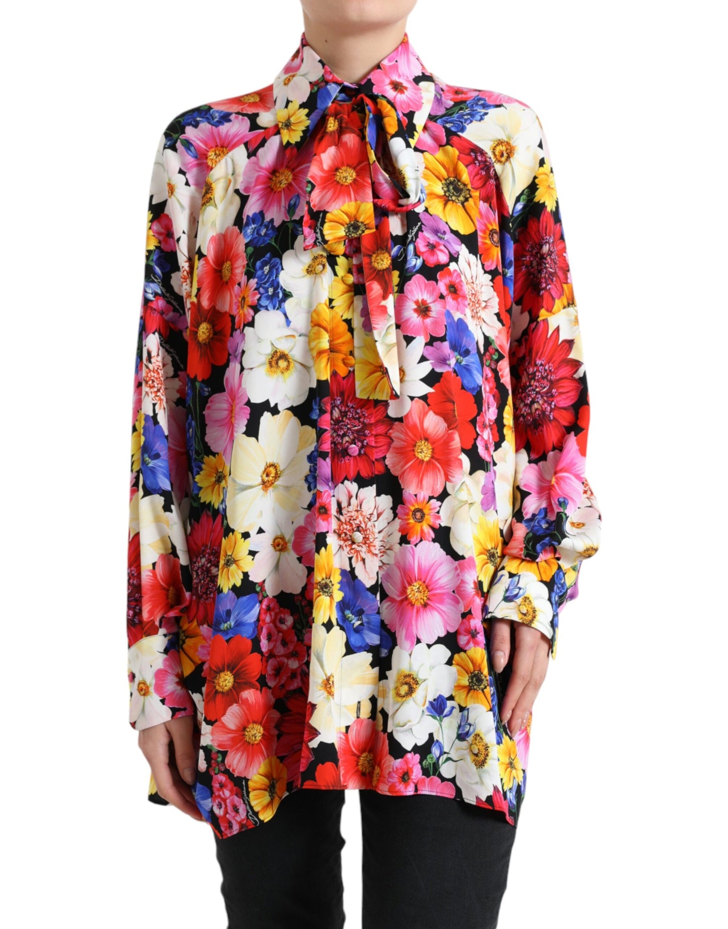 Seidenbluse mit Blumenmuster und Bindeverschluss vorne