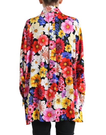 Seidenbluse mit Blumenmuster und Bindeverschluss vorne