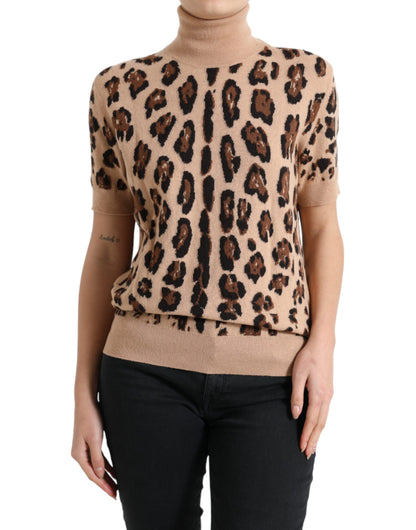 Top dolcevita in lana con stampa leopardata beige