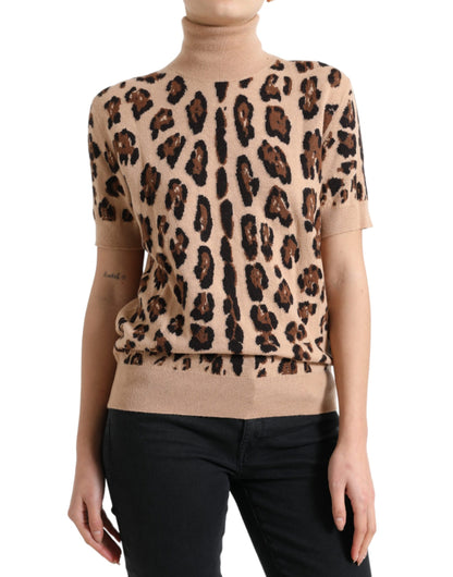 Top dolcevita in lana con stampa leopardata beige