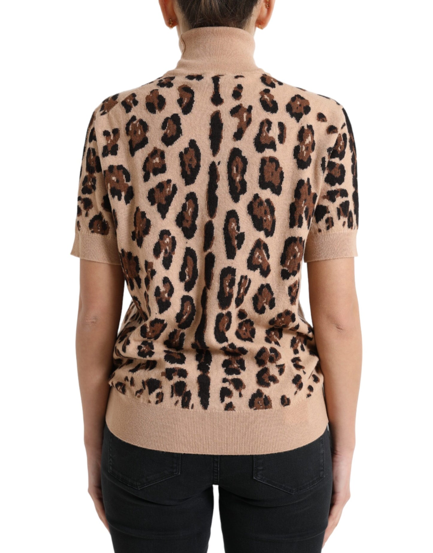 Top dolcevita in lana con stampa leopardata beige