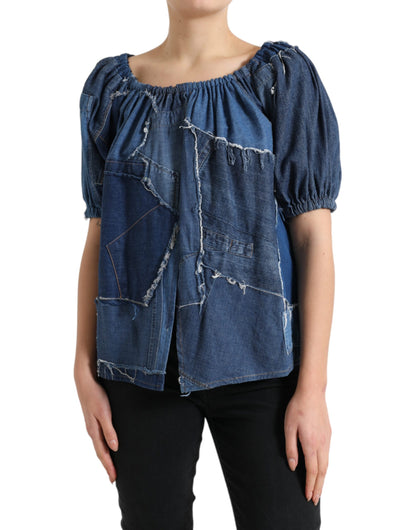 Top in camicetta di jeans a maniche corte patchwork blu